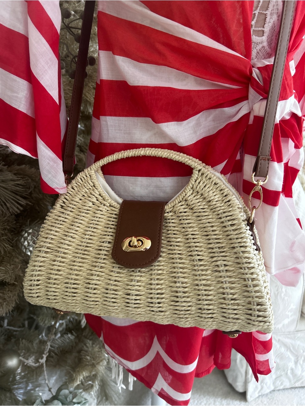 Woven Straw Crossbody Bag with Brown Leather Trim